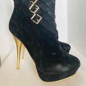 Black Suede & Metallic Gold Buckles Stiletto Platform Heeled Boots Size 10 Women
